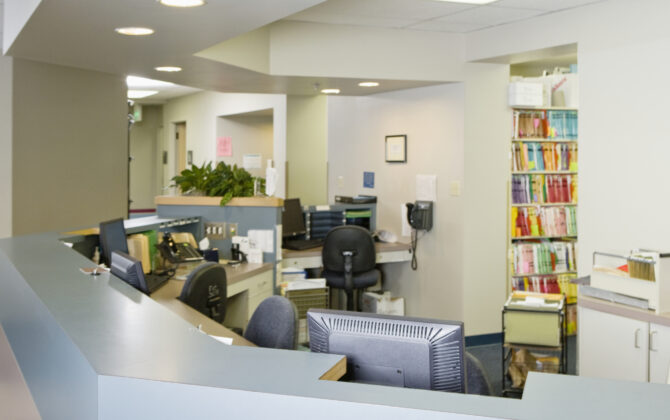 An empty medical office area near the entrance of a medical practice