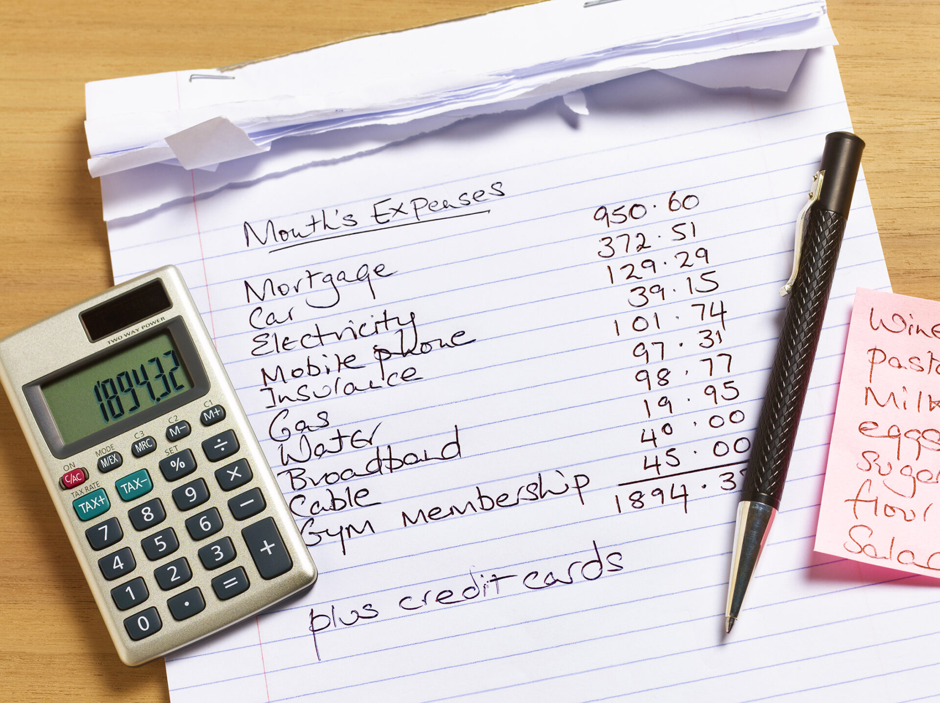 Budget built on a legal pad with calculator and pen